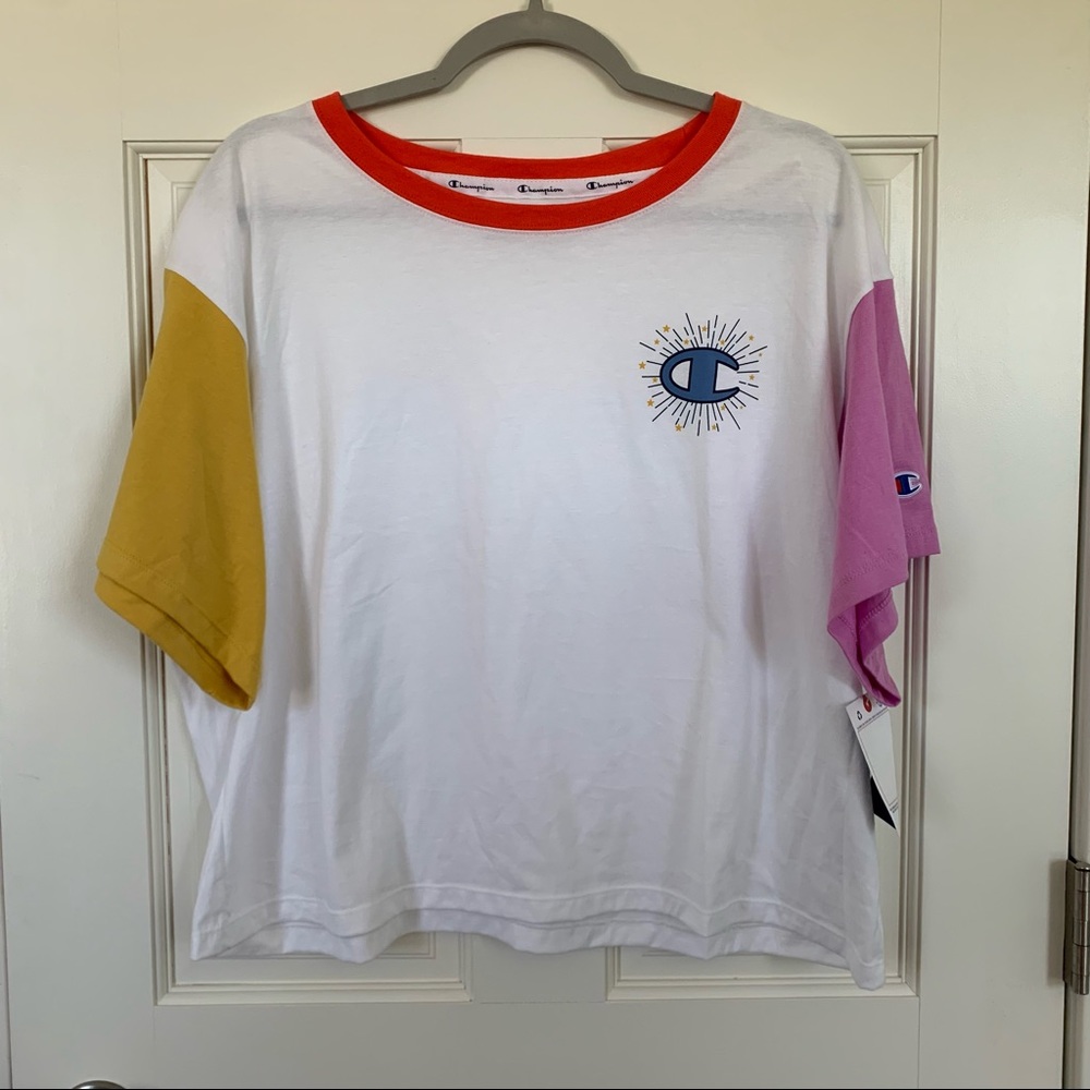 NWT Champion Women’s Cropped Shirt White Yellow Pink Size 2X
